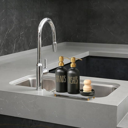 MOMEEMO Soap Dispenser Set Comes with Stainless Pumps, Instant Dry Tray, and Dish Scrub Brush, Suitable for Black and Gold Kitchen Decor. (Black & Gold)
