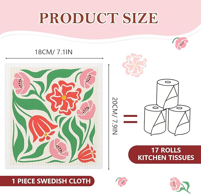 5 Pack Mixed Colorful Blossoms Flower Swedish Kitchen Dishcloths Dish Towels, Floral Dish Towels for Kitchen, Swedish Dishcloth, Paper Towels Reusable, Dish Cloth Towel Cleaning Wipe for Home