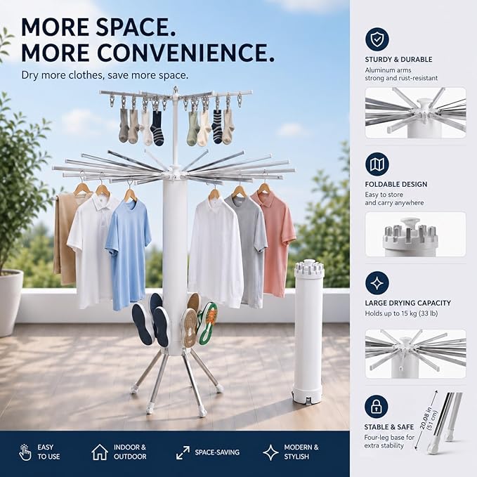 Tripod Clothes Drying Rack, Space Saving Rust-Proof Aluminum, Rotating Foldable Portable Stand for Laundry, Indoor & Outdoor Garment Rack + Bonus Lint Roller