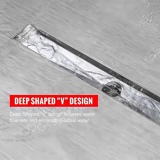 SaniteModar Linear Shower Drain, 72 inch Shower Drain with Removable Square Hole Panel by Using Brushed 304 Stainless Steel Process, Linear Drain Equipped with Adjustable Feet and Hair Strainer
