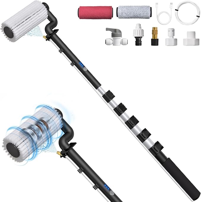 79'' Electric Car Wash Brush with Long Handle, Car Cleaning Brush for Cleaning RV with Water-Fed Pole, Scratch-Free Soft Bristles Car Wash Mop Kit, Complete Car Cleaning Kit for Car Truck RV Boat