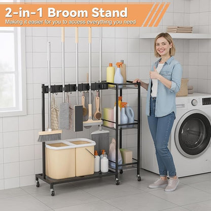 Heavy Duty Rolling Storage Cart & Cleaning Caddy - Freestanding Broom and Mop Organizer, 3-Tier Utility Cart on Wheels for Laundry Room Organization and Storage, Garage & Home Organization Bl