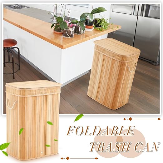 2 Pack 21 Gallon Bamboo Slim Trash Can with Lid Large Foldable Slim Rectangular Garbage Can Laundry Basket Bamboo Waste Basket for Bathroom Bedroom Office Home Salon Spa (Wooden Color)