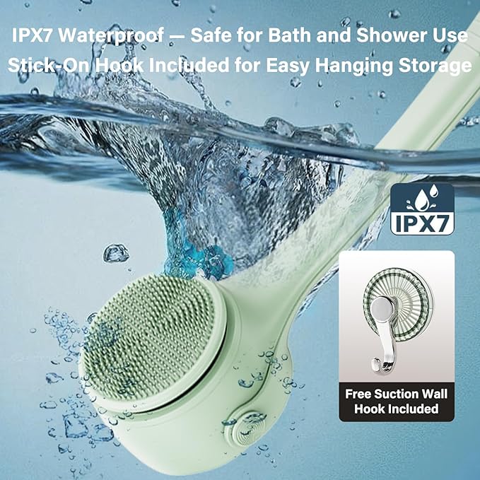 Electric Body Brush Back Scrubber for Shower, 8 Replaceable Heads and Hook, Long Handle, 2-Speed, Type-C Rechargeable, Waterproof, for Cleansing, Exfoliating and Massaging Skin（Apricot）