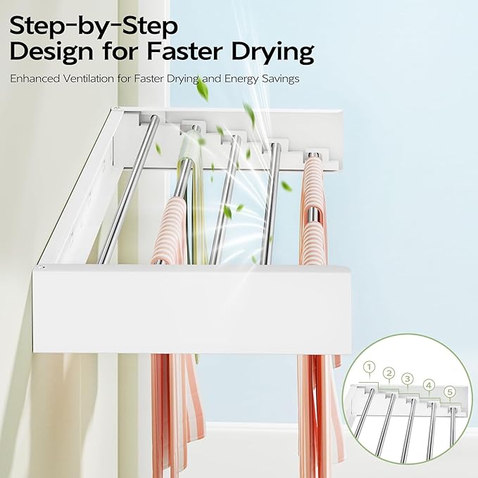 Wall-mounted folding clothes drying rack, 32" wide, 5 stainless steel rods, space-saving hidden laundry room drying rack, foldable wall-mounted, mountable drying racks with installation template