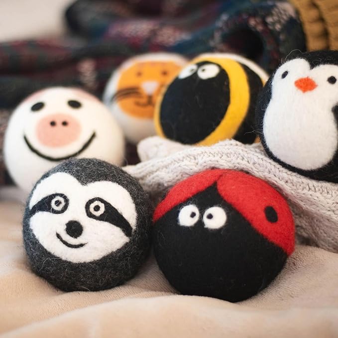 Friendsheep Wool Dryer Balls, Organic Reusable Fabric Softener Alternative for Laundry, Handmade, Fair Trade, Hypoallergenic, Eco-Friendly, Plastic-Free (6 Pack XL – Critter Camp)