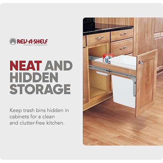 Rev-A-Shelf 35 Qt Top Mount Single Pullout Under Cabinet Kitchen Trash Cans for Base Cabinets, 150 Pound Rated Full-Extension Slides, Min Opening Width of 12", White, 4WCTM-12DM1