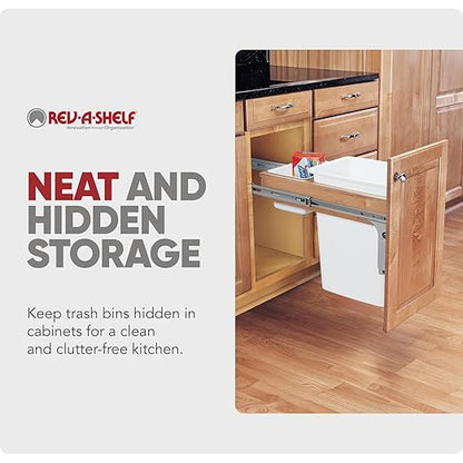Rev-A-Shelf 35 Qt Top Mount Single Pullout Under Cabinet Kitchen Trash Cans for Base Cabinets, 150 Pound Rated Full-Extension Slides, Min Opening Width of 12", White, 4WCTM-12DM1
