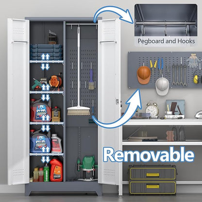 Broom Closet, 72" Broom Closet Storage Cabinet with Lock, Metal Tool Storage Cabinets with Pegboard, Cleaning Supply Storage Cabinets with Shelves for Home, Garage, Utility Room, Greywhite