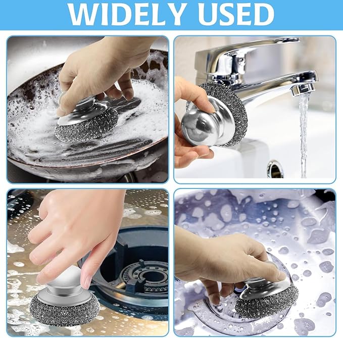 Cofun Stainless Steel Saucepan Scourers with 2 Replacement Pads - Clean Metal Pans, Pots, Grills & More