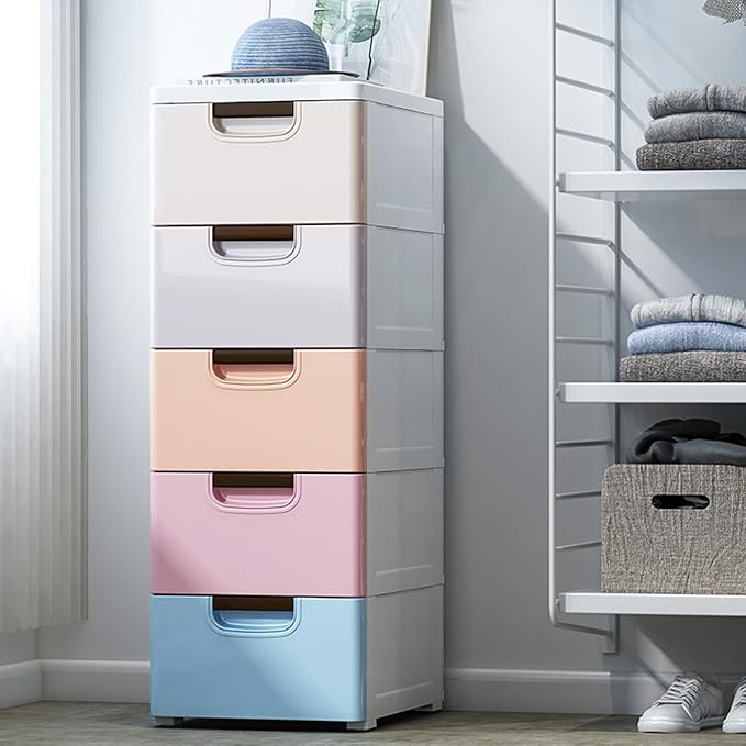 5 Drawer Stackable Storage Tower,Plastic Drawers Dresser,Narrow Rolling Storage Cabinet for Livingroom,Colored