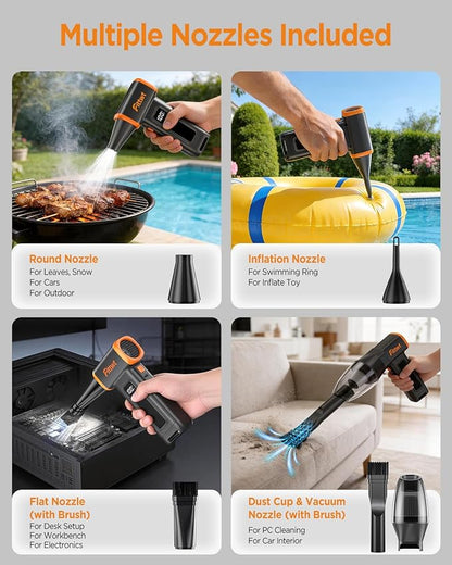 Electric Air Duster 2-in-1 with Vacuum, 130000RPM Cordless Air Blower, 4-Speed Adjustable Compressed Air Duster for PC Cleaning, Keyboard, Car, Home