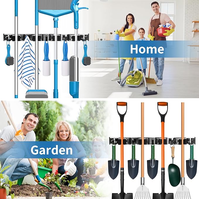 Broom Mop Holder Wall Mount Broom Hanger Wall Mounted Metal Organization Garage Storage Garden Kitchen Tool Organizer With 4 Racks and 5 Hooks (Silver, 1 Pack 4R5H)