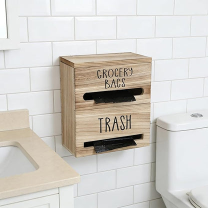 2 in 1 Trash Bag Dispenser, Double Wall Mounted,Wood Trash Bag Holder, used in kitchen, garage, laundry room, can store Environmentally friendly food bags (White/Brown(10inch*5.5inch*12.2inch）)