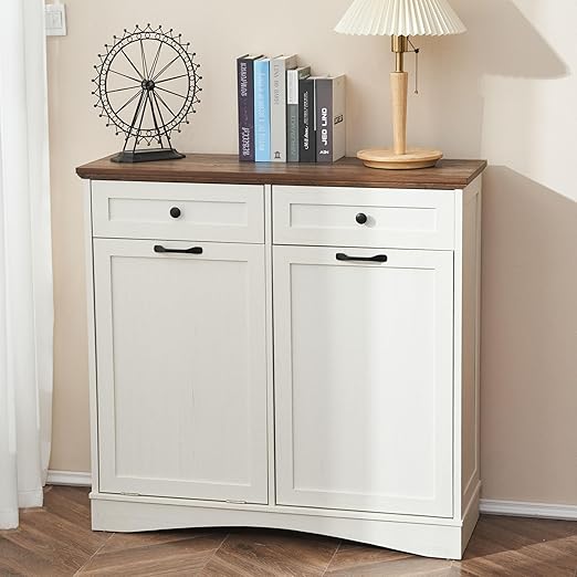 AHB Double Tilt Out Trash Can Cabinet Freestanding Kitchen Trash Can, 2x13 Gallons Hidden Garbage Recycling Cabinet with Hideaway Drawers Pet Proof Trash Can Holder for Kitchen, Antique White