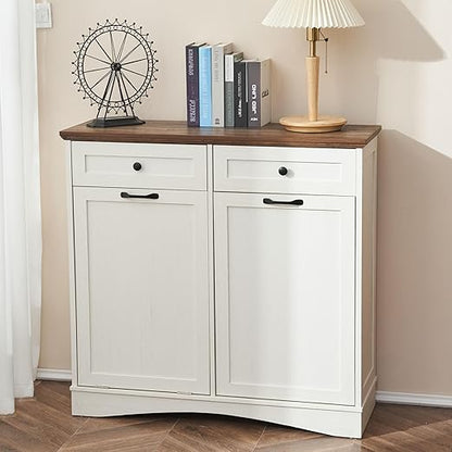AHB Double Tilt Out Trash Can Cabinet Freestanding Kitchen Trash Can, 2x13 Gallons Hidden Garbage Recycling Cabinet with Hideaway Drawers Pet Proof Trash Can Holder for Kitchen, Antique White