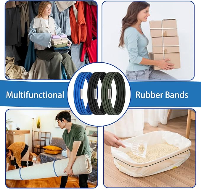 Garbage Can Rubber Bands, Fits 13-30 Gallon Bins, Heavy-duty Trash Can Bands to Hold Garbage Bags in Place, Trash Bag Holder Band with High Elasticity, Set of 3 in Black, Blue, and Green