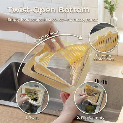 Magnetic Drainage & Filter Basket 2.0 Design, Corner Sink Strainer with Twist-Open Bottom, Triangular Drain Basket for Food Scraps & Rinsing Produce, Fits Metal Sinks (Green)