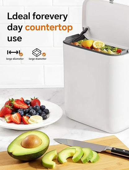 Wall Mounted Kitchen Compost Bin with Lid, Hanging Trash Can for Cabinet Door, White Plastic Food Scrap Bin for Kitchen Counter and Under Sink, 2.3 Gal Bin with 2 Pack 2 Gal Folding Hanging Trash Cans