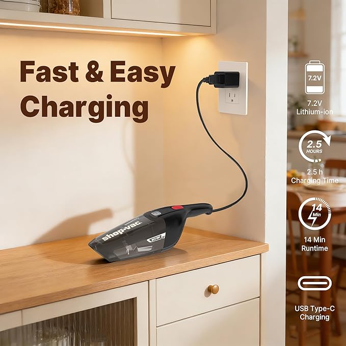 Shop-Vac Wet/Dry Handheld Vacuum, Powerful Small Vacuum Cordless Rechargeable, Wall-Mounted Hand Vac with Crevice Tool, Portable Vacuum for Home & Car, Lightweight & Compact, Black