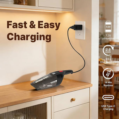 Shop-Vac Wet/Dry Handheld Vacuum, Powerful Small Vacuum Cordless Rechargeable, Wall-Mounted Hand Vac with Crevice Tool, Portable Vacuum for Home & Car, Lightweight & Compact, Black