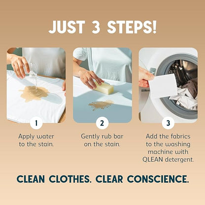 QLEAN Stain Remover Bar for Clothes (3-Pack) – Plant-Based Laundry Stain Stick, Removes Grease Wine Coffee Blood & Grass Stains, Non-Toxic, Travel-Friendly Fabric Stain Remover Bars