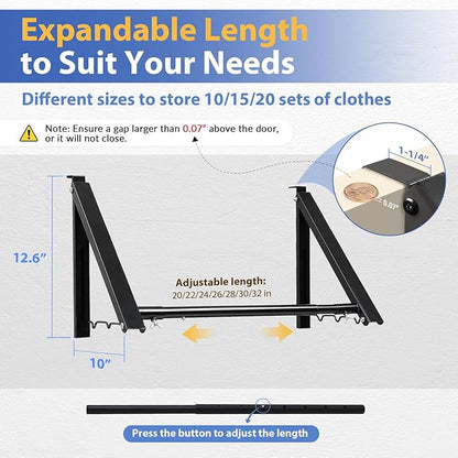 Over The Door Hanger, Foldable Over The Door Drying Rack with 20"-32" Expandable Width, Space Saving Doors Clothes Hanger for Laundry, Bathroom, Apartment, Fits Doors up to 1-1/4”, Metal, Black