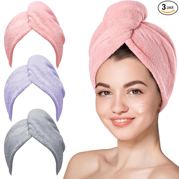Hicober Microfiber Hair Towel, 3 Packs Hair Turbans for Wet Hair, Drying Hair Wrap Towels for Curly Hair Women Anti Frizz (Pink,Purple,Grey)