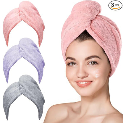 Hicober Microfiber Hair Towel, 3 Packs Hair Turbans for Wet Hair, Drying Hair Wrap Towels for Curly Hair Women Anti Frizz (Pink,Purple,Grey)