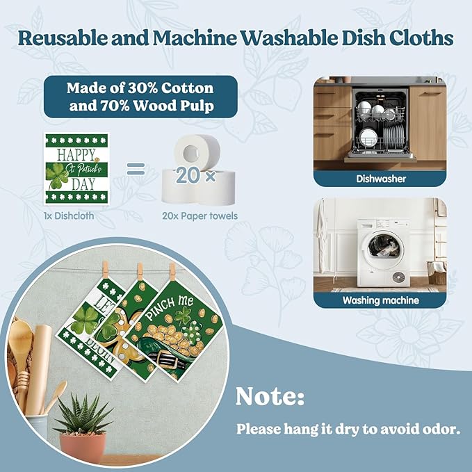 Swedish Dishcloths for Kitchen, St Patricks Day Green Shamrock Dish Rags Kitchen Dish Towels for Washing Dishes, 4 Pack Reusable Paper Towels, Sponge Cloths for Home Cleaning Baking Cooking