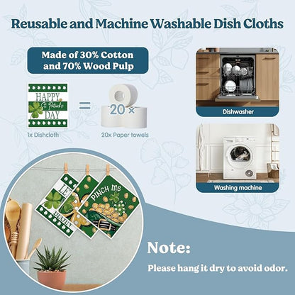 Swedish Dishcloths for Kitchen, St Patricks Day Green Shamrock Dish Rags Kitchen Dish Towels for Washing Dishes, 4 Pack Reusable Paper Towels, Sponge Cloths for Home Cleaning Baking Cooking