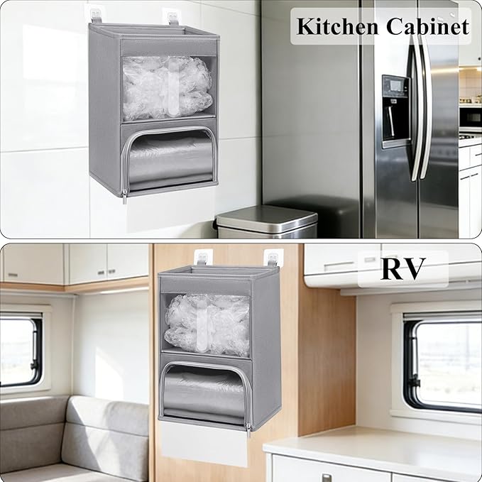 2-in-1 Plastic Bag Holder with Clear Window, Large Grocery Bag Holder and Trash Bag Dispenser with Easy-Access Openings, Plastic Bag Organizer for Kitchen RV Cabinet Wall Mounted (Gray)