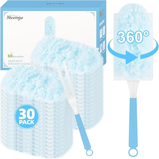 30 Count Light Blue Duster Refills Compatible with Swiffer Handle, 360° Multi-Surface Duster Refills with 1 Handle, 5X Microfibers Disposable Dusters for Home, Office Cleaning