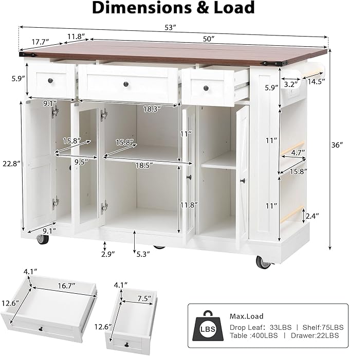 53" Farmhouse Kitchen Island with 2 Tempered Glass Cabinet Doors, Power Outlet, Rolling Kitchen Cart on Wheels with Drop Leaf, 5 Open Side Racks, 3 Drawers, for Kitchen, White