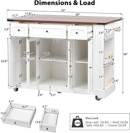 53" Farmhouse Kitchen Island with 2 Tempered Glass Cabinet Doors, Power Outlet, Rolling Kitchen Cart on Wheels with Drop Leaf, 5 Open Side Racks, 3 Drawers, for Kitchen, White