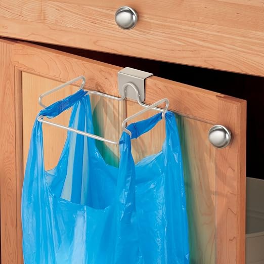 mDesign Over the Cabinet Metal Wire Small Garbage Container, Trash Bag Holder Rack for Recycled Reusable Disposable Plastic Shopping Grocery Bags for Kitchen, Pantry, Garage, Bathroom - Satin
