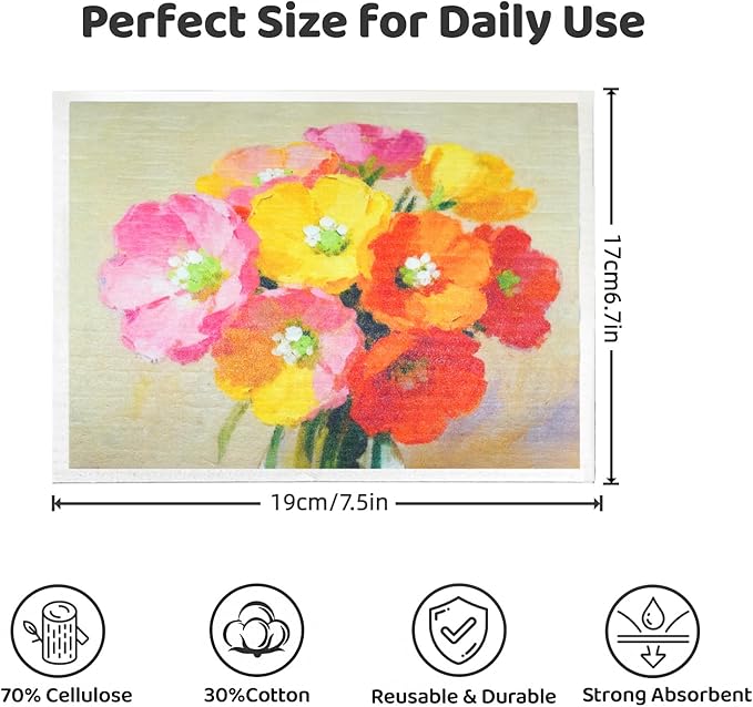 Swedish Dishcloths 5 Pack, Reusable Absorbent Kitchen Cleaning Cloths, Eco-Friendly Quick Dry Dish Towels for Dishes, Countertops & Household Cleaning (Oil Floral)
