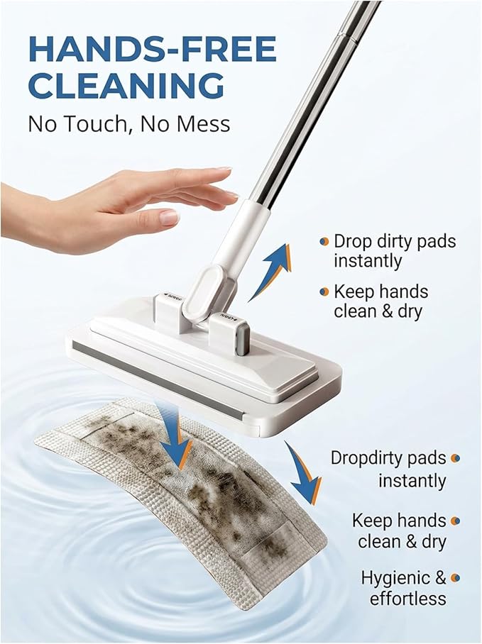 Hands-Free Multi-Purpose Flat Mop – Lazy Cleaning & Face Towel Compatible 39in Long Handle Dust with Locking Head for Wall Bathroom Toilet Corners Multi-Surface