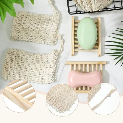60 Pcs Soap Exfoliating Bag Holder Set, Including 30 Mesh Bath Soap Saver Container and 30 Bamboo Wood Soaps Holder Tray, Natural Barsoap Pouch, Self Draining Soaps Saver Dish