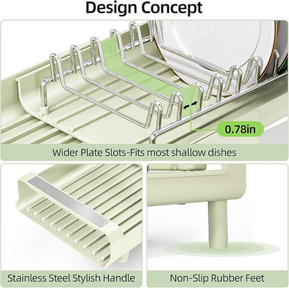 TOOLF Small Dish Drying Rack, Mini Expandable Compact Dish Rack, Slim Extendable Stainless Steel Dish Drainer for Kitchen Countertop, Space Saving Dish Strainer, Soft Celery Green