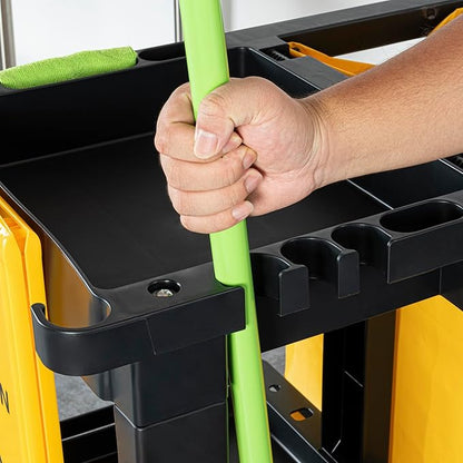 Restaurantware-Clean Tek Professional Janitor Cart with Wheels, 1 Cleaning Trolley with 18 Gallon Bag - 3 Shelves, Heavy-Duty, Black Plastic Commercial Janitorial Cart, for Restaurants