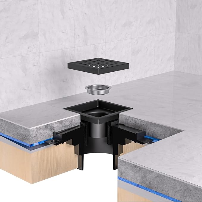 EXF 6-Inch Square Shower Drain with ABS Flange Base, Matte Black 304 Stainless Steel Floor Drain, Removable Grate and Hair Strainer for Modern Bathroom Remodels and Curbless Showers