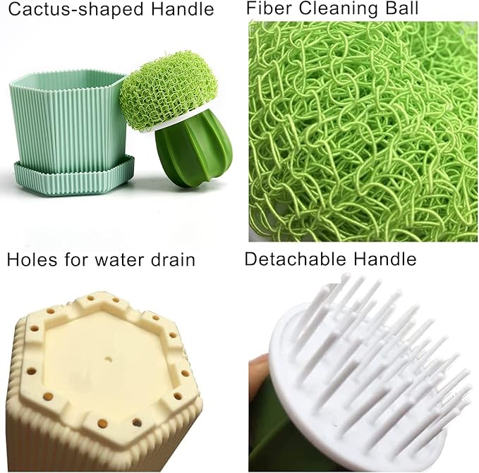 Cactus Mini Dish Brush Set with Drip Tray (3 Replacement Brushes), Durable Kitchen Cleaning Scrubbers for Plates, Pans, Pots, Sink (Green)