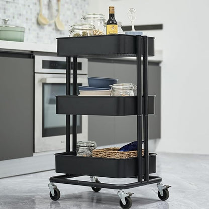 3 Tier Rolling Cart Metal Heavy Duty Utility Cart with Silent Caster Lockable Wheels Multi-Functional Organization Carts Storage Trolley with Mesh Shelves for Office Kitchen Living Room Black