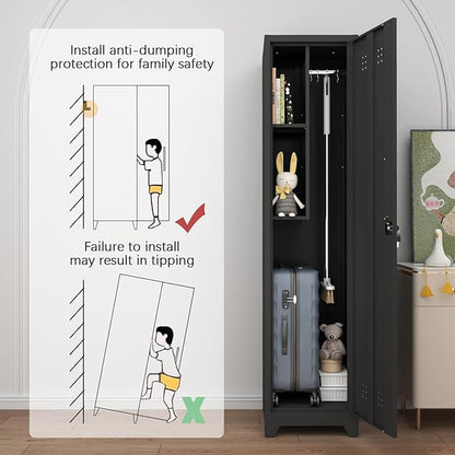 GREATMEET Slim Broom Storage Cabinets, Black Metal Cabinet with Shelves, Utility Storage Cabinet with Locking Door for Garage, School, Office, Shop