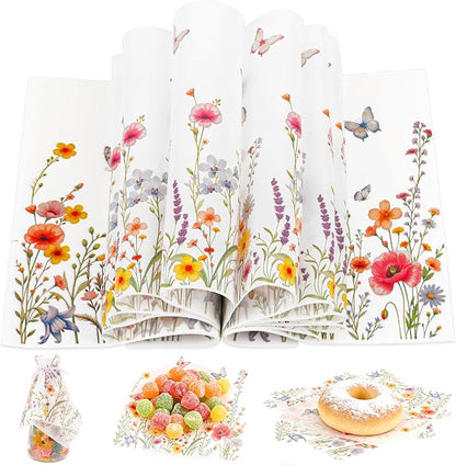 FOIMAS 150pcs Spring Wildflower Wax Paper,9.8x9.8 In Floral Butterfly Food Deli Paper Greaseproof Sandwich Paper Basket Liner for Spring Picnic Birhthday Baby Shower Wedding Party Supply