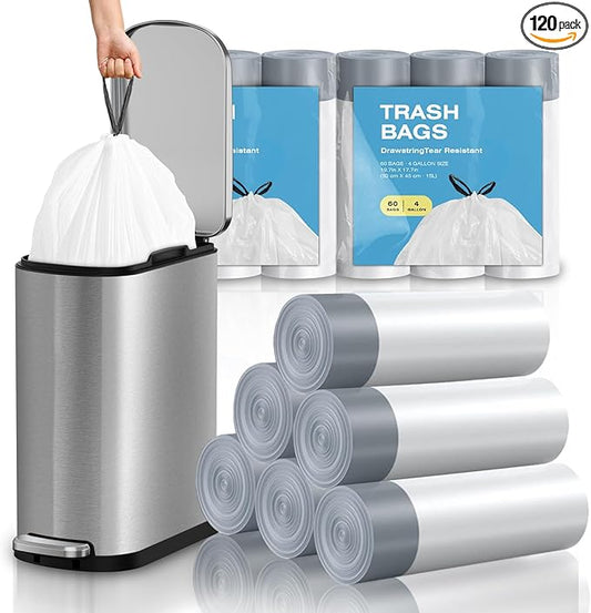 KSSKSS 2.6 Gallon Mini Drawstring Trash Bags, Small Garbage Bags by KSSKSS, Code a fit 10-15 Liter, 2.6-4 Gal, White Trash Bin Liners for Home Office Kitchen Bathroom Bedroom, 120 Counts