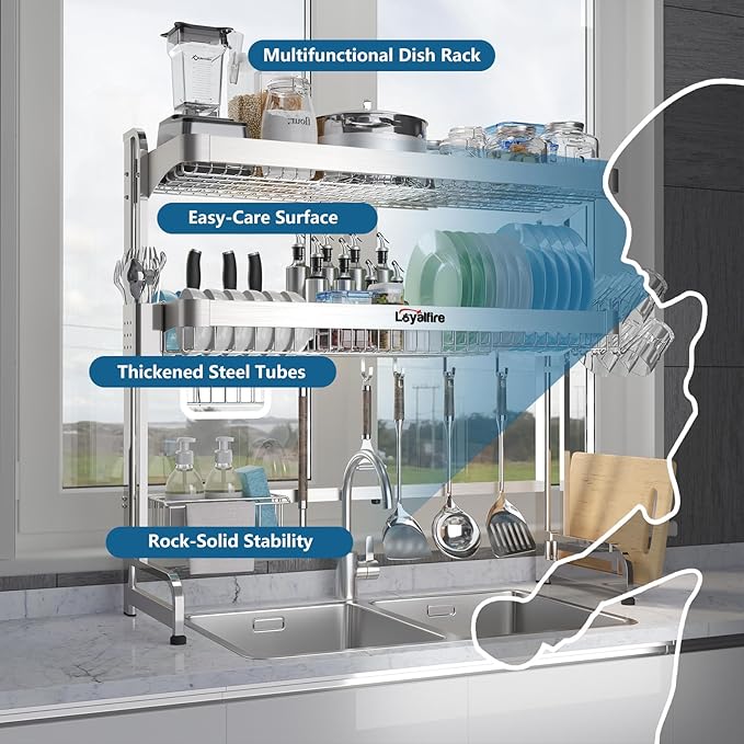 Loyalfire Over Sink Dish Drying Rack, 3 Tier Adjustable Length (20.87'' to 37.6'') Full Stainless Steel Large Storage Kitchen Dish Rack, Expandable Drainer Shelf Rack with Multifunctional Organizers