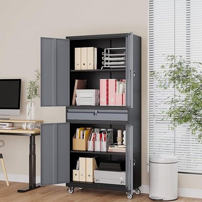 73" Metal Garage Storage Cabinet with Wheels， Rolling Tool Storage with Locking Doors， Adjustable Shelves and Drawer, Heavy Duty Steel Tool Cabinet for Garage, Warehouse, School(Black Grey)