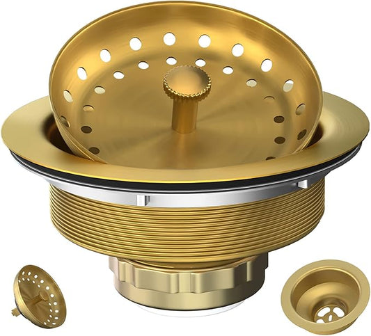 Kitchen Sink Drain Gold Sink Drain Strainer with Fixed Post 3-1/2 Inch Kitchen Drain Assembly with Strainer Basket and Drain Stopper for Standard Kitchen Sink Stainless Steel Brushed Gold